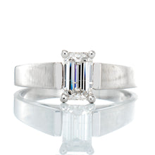 Load image into Gallery viewer, RING GW 14KT 0.65CT EMERALD CUT SOLITAIRE HP UPSWEPT FLAT EDGE SHOULDERS
