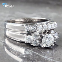 Load image into Gallery viewer, RING GW 14K 1.80CTW ROUND SOLITAIRE THREE DIAMOND CLUSTER SHOULDERS WITH MATCHING PRONG SET BAND
