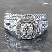 Load image into Gallery viewer, 1.80ctw Bridal Set Round Solitaire Cushion Halo Three Stone Design with Split Shoulders Two Row Pave Wedding Band

