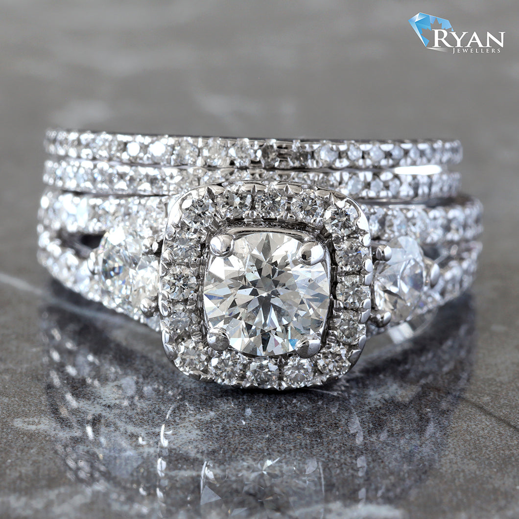 1.80ctw Bridal Set Round Solitaire Cushion Halo Three Stone Design with Split Shoulders Two Row Pave Wedding Band