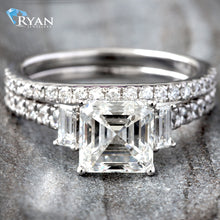 Load image into Gallery viewer, 2.75ctw Bridal Set Ascher Cut with Baguette Sides and Pave Shoulders Rind and Matching Band
