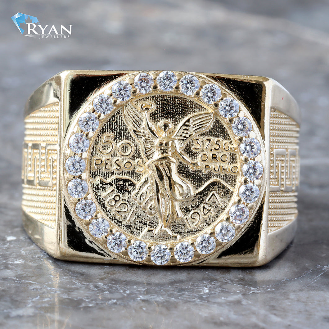 Square Face Peso Coin W/ CZ Boarder and Greek Key Shoulder Ring