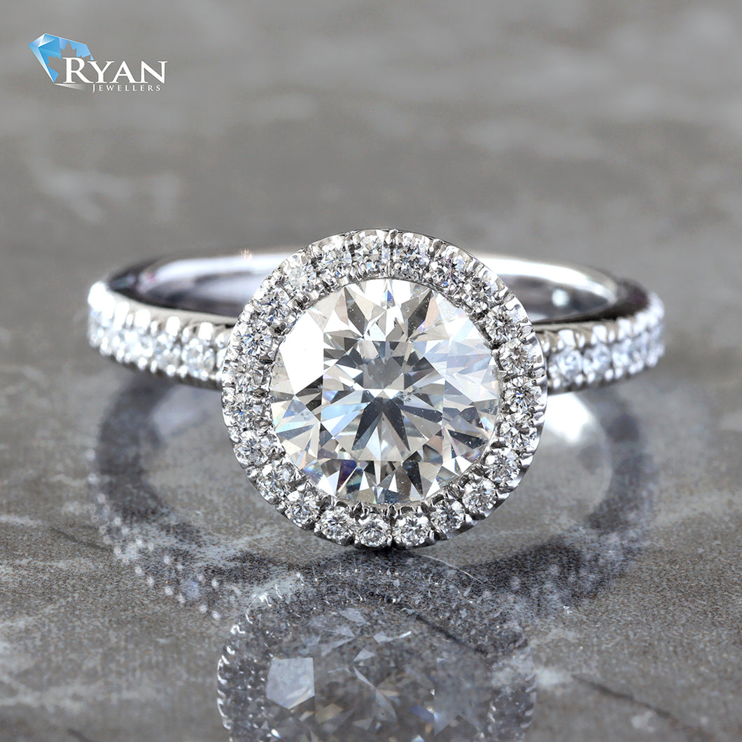 1.95ctw Round Solitaire with Round Halo and Pave Diamond Shoulders