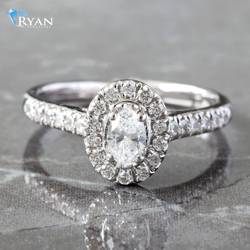 0.50CTW Oval Halo with Diamond Pave Shoulders Ring