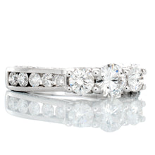 Load image into Gallery viewer, RING GW 10K 1.60CTW THREE STONE RING HEART BASKETS WITH CHANNEL SET CENTER SHOULDERS PAVE SET N&amp;S SHOULDERS UPSWEPT
