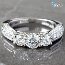 Load image into Gallery viewer, RING GW 10K 1.60CTW THREE STONE RING HEART BASKETS WITH CHANNEL SET CENTER SHOULDERS PAVE SET N&amp;S SHOULDERS UPSWEPT
