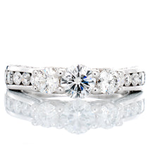 Load image into Gallery viewer, RING GW 10K 1.60CTW THREE STONE RING HEART BASKETS WITH CHANNEL SET CENTER SHOULDERS PAVE SET N&amp;S SHOULDERS UPSWEPT
