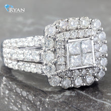 Load image into Gallery viewer, RING GW 14K 2.50CTW PRINCES QUAD CENTER DOUBLE CUSHION ROUND CUT HALO THREE ROW SLIGHT SPLUT SHOULDERS
