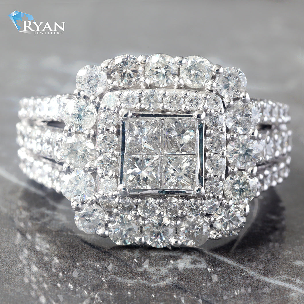 RING GW 14K 2.50CTW PRINCES QUAD CENTER DOUBLE CUSHION ROUND CUT HALO THREE ROW SLIGHT SPLUT SHOULDERS