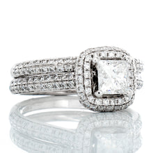 Load image into Gallery viewer, RING GW 14K 1.60CTW PRINCESS SOLITIARE WITH PAVE DOME CUSHION HALO BRIDAL SET
