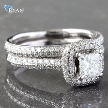 Load image into Gallery viewer, RING GW 14K 1.60CTW PRINCESS SOLITIARE WITH PAVE DOME CUSHION HALO BRIDAL SET
