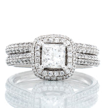 Load image into Gallery viewer, RING GW 14K 1.60CTW PRINCESS SOLITIARE WITH PAVE DOME CUSHION HALO BRIDAL SET
