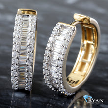 Load image into Gallery viewer, LAB EARRING GY 10K 1.00CTW ROUND HOOPS BAGUETTE CENTER AND ROUND PRONG SET SIDES

