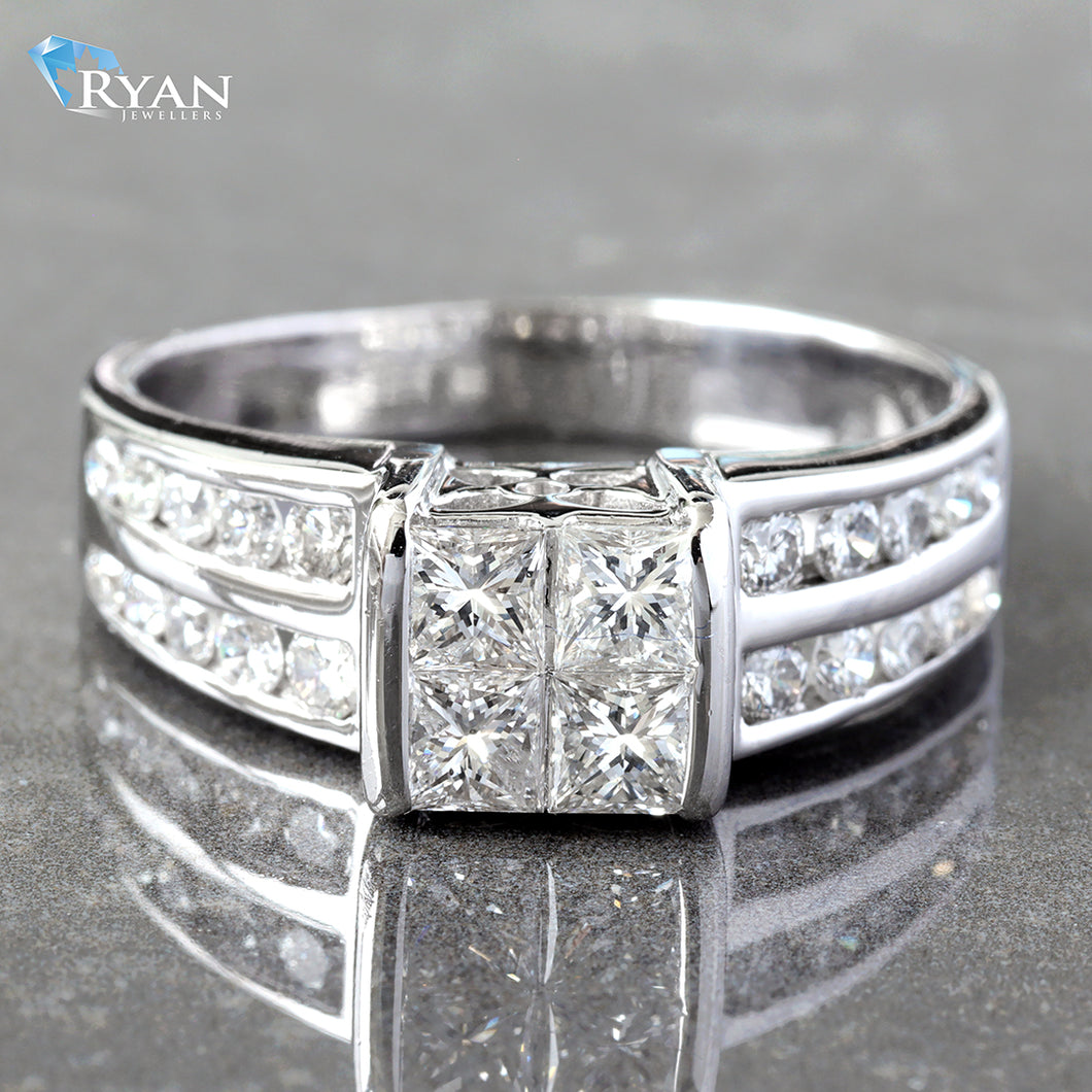 RING GW 14K 1.00CTW QUAD PRINCESS CENTER WITH QUAD CHANNEL SET GRADUATED SHOULDERS