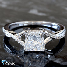 Load image into Gallery viewer, 1.49ctw Princess Solitaire with Split High Polished and Diamond Pave Cross Over Shoulders
