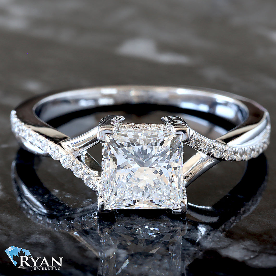 1.49ctw Princess Solitaire with Split High Polished and Diamond Pave Cross Over Shoulders