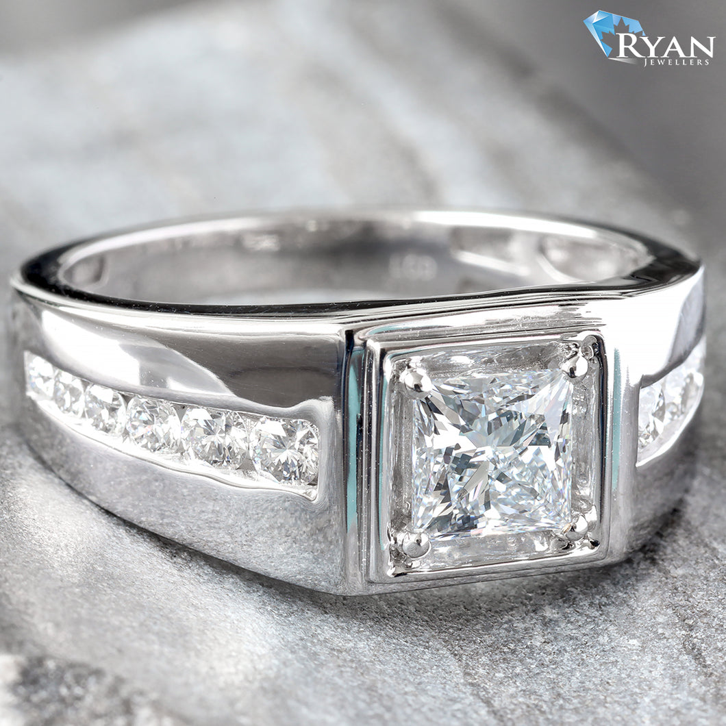 1.50CTW LAB Grown Princess Cut Center Men's Ring With Channel Set High Polish Sides