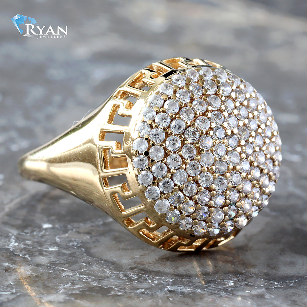 Dome Pave Cubic Ring W/ Greek Key Cut Out Boarder