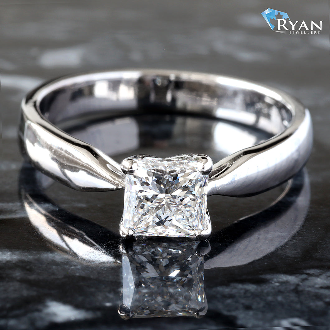 1.00 Carat Lab Grown Princess Cut Solitaire High Polished Tapered Shoulders 14k White Gold Ring