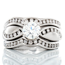 Load image into Gallery viewer, RING GW 14K 1.40CTW ROUND SOLITAIRE WITH HP AND CHANNEL SET CONTOURING WAVED SHOULDERS AND MATCHING &quot;BANDS&quot;
