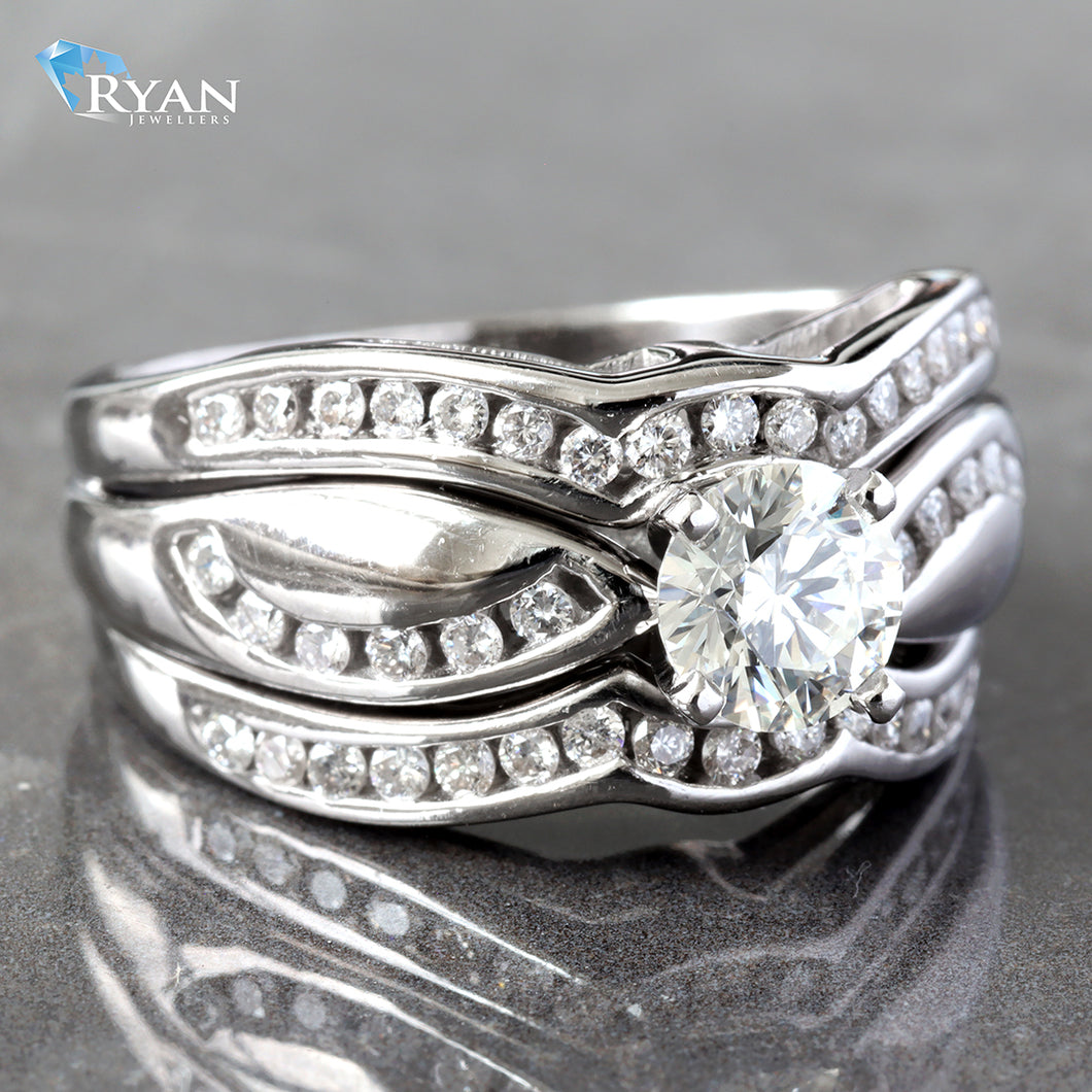 RING GW 14K 1.40CTW ROUND SOLITAIRE WITH HP AND CHANNEL SET CONTOURING WAVED SHOULDERS AND MATCHING 