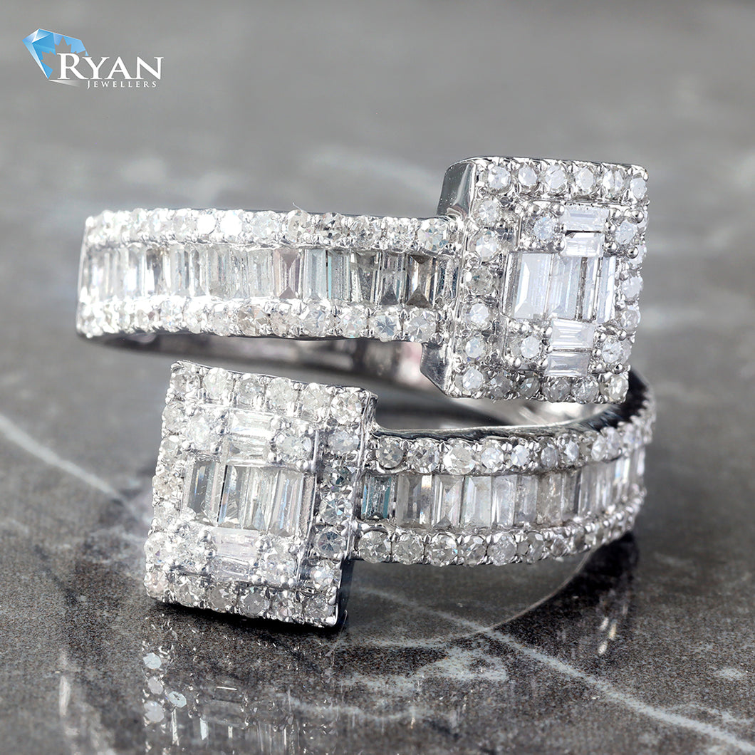 RING GW 14K 1.00CTW OPEN WRAP AROUND STYLE THREE ROW ROUND WITH BAGUETTE CENTER