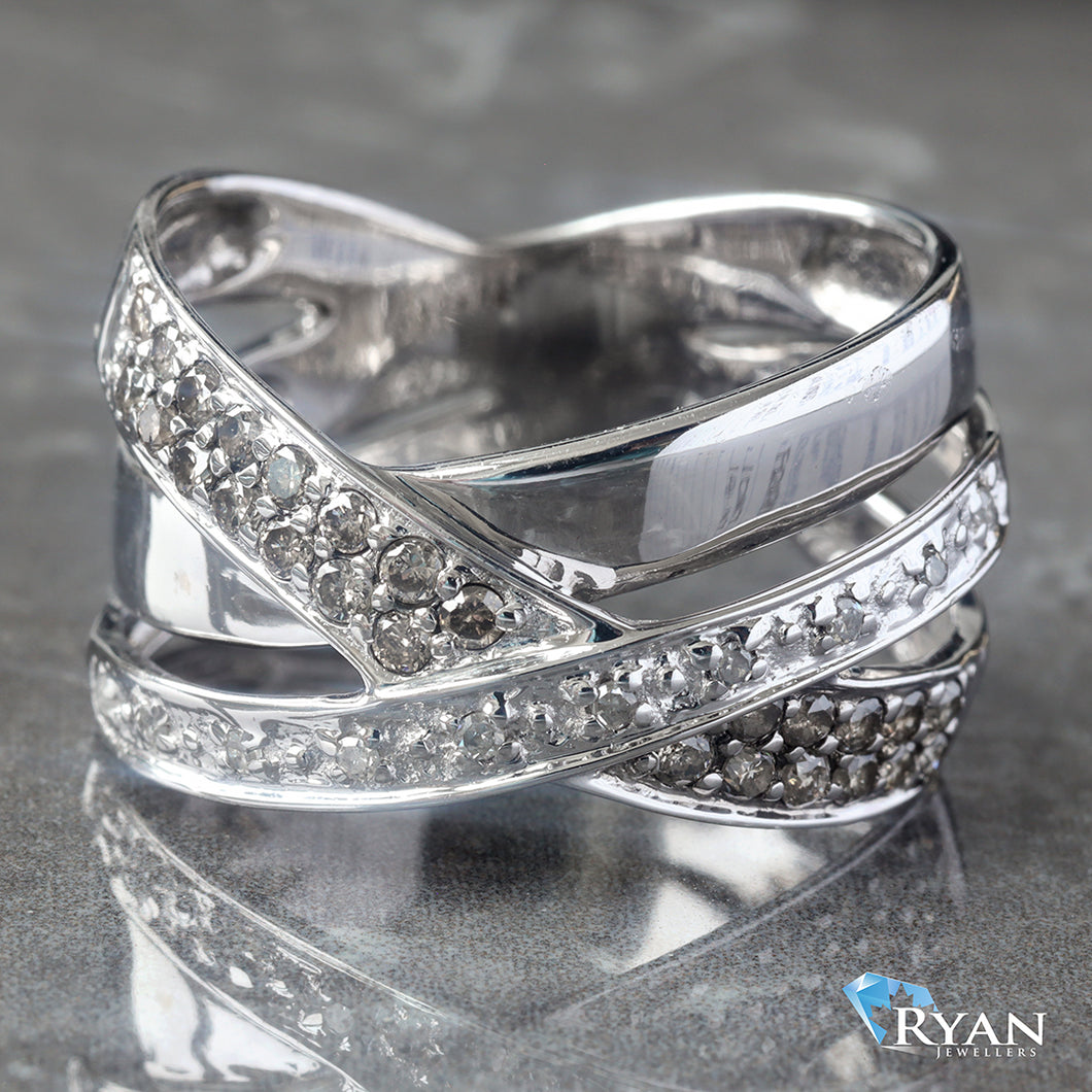 RING GW 14K 0.35CTW THREE ROW CROSS OVER TWO ROWS PAVE ONE ROW HIGH POLISHED