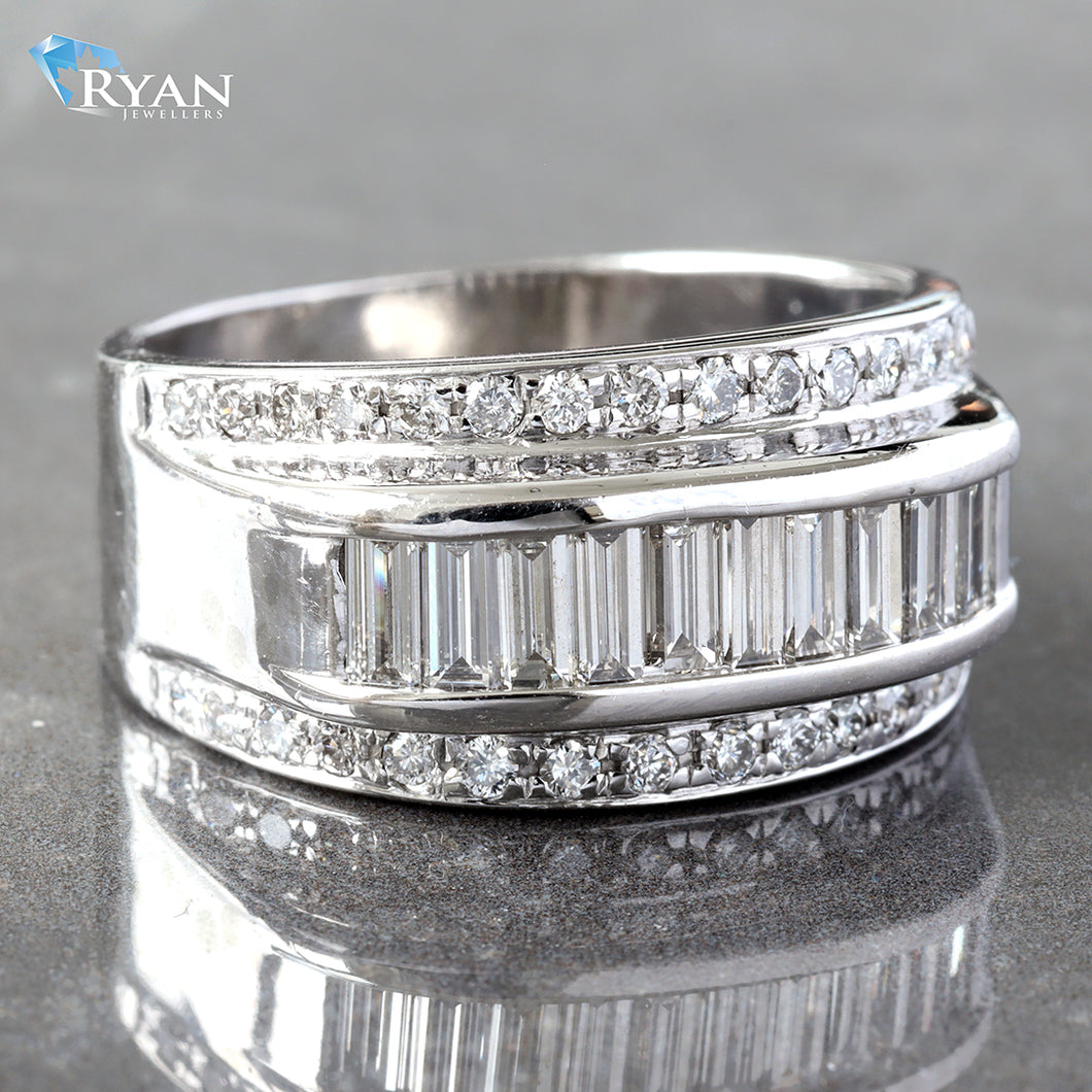 RING GW 14K 1.50CTW THREE ROW DESIGN WITH RAISED CENTER EMERALD CHANNEL AND SHARED PRONG ROUND SIDES