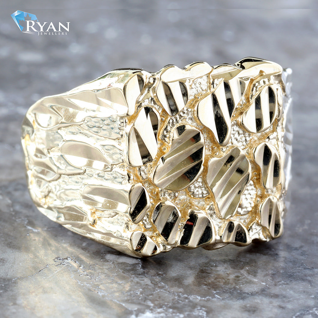 RING GY 10K RECTANGULAR FACE DIAMOND CUT NUGGET DESIGN