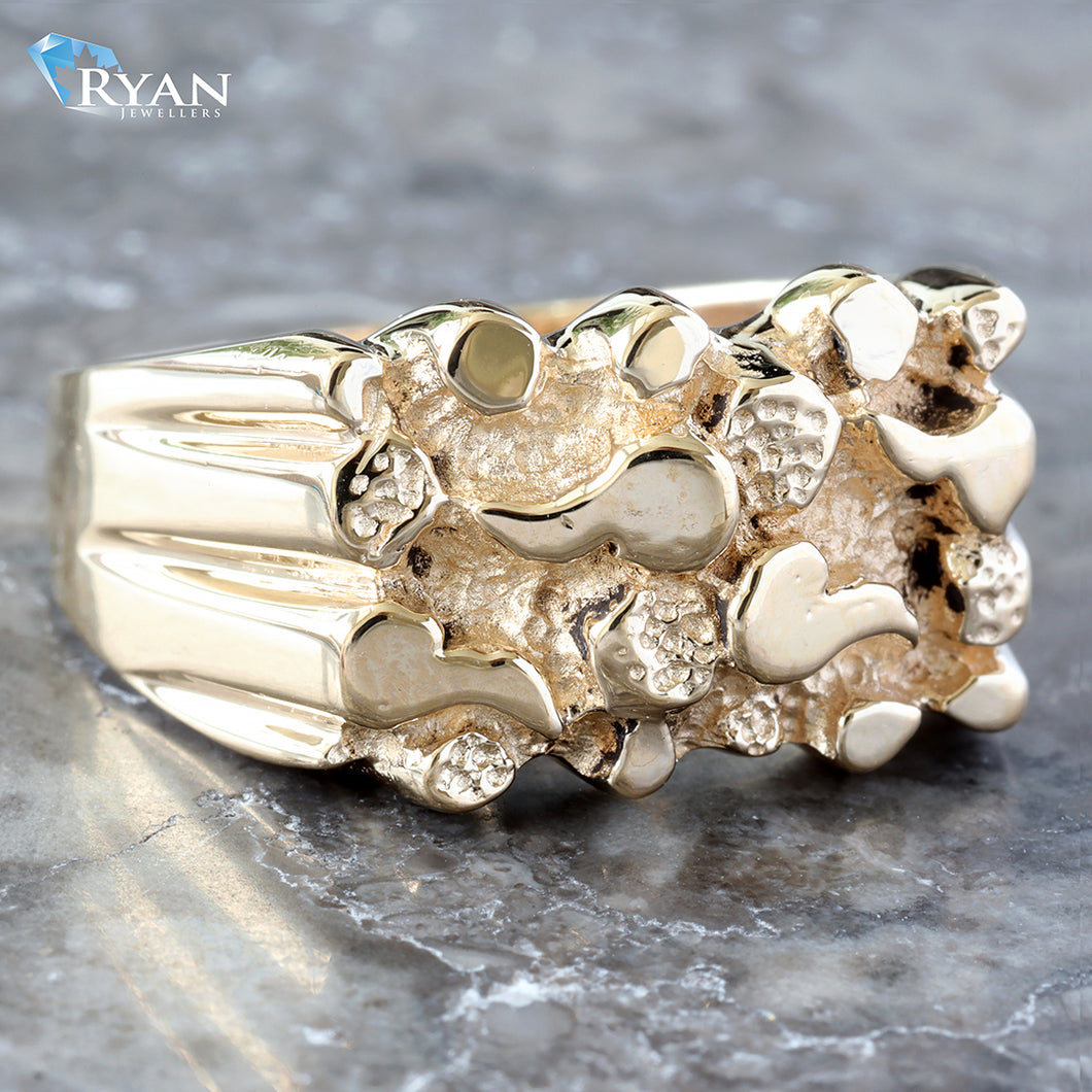 RING GY 10K HORIZONTAL RECTANGULAR FACE HIGH POLISHE NUGGET DESIGN
