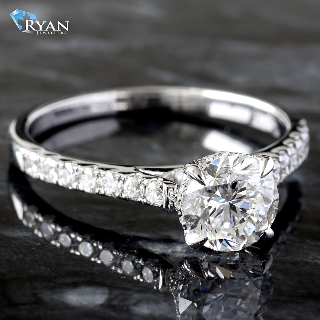 LAB RING GW 10K 1.25CT ROUND CUT SOLITIARE WITH PAVE DIAMOND UPSWEPT SHOULDERS