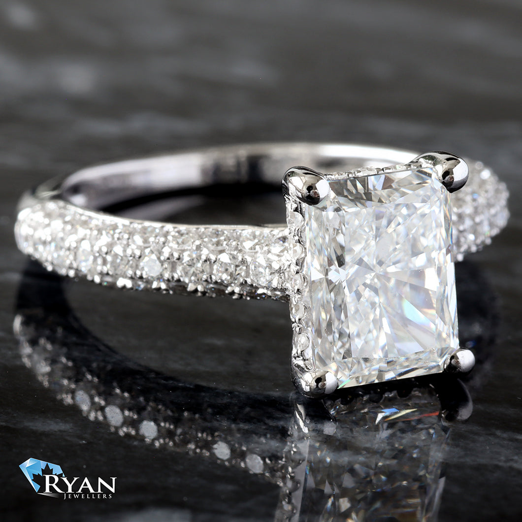 LAB RING GW 14K 2.70CTW RADIANT SOLITAIRE WITH THREE ROW PAVE DOME SHAPED SHOULDERS