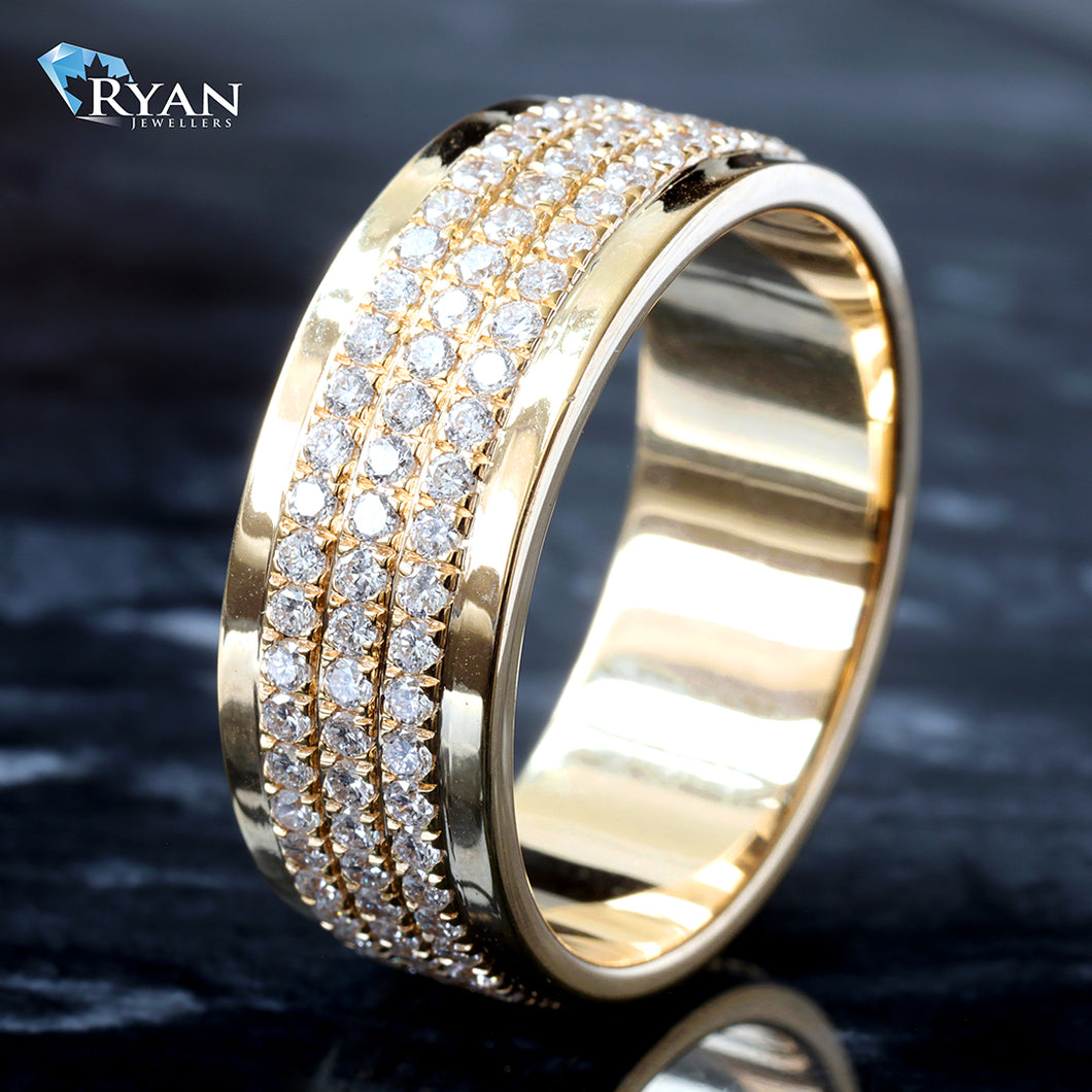 1.51CTW LAB Diamond 3 Row Pave Eternity Yellow Gold Band