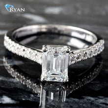 Load image into Gallery viewer, LAB RING GW 14K 1.25CTW EMERALD SOLITIARE WITH UPSWEPT PAVE SHOULDERS BASKET PROFILE DIAMOND ACCENT
