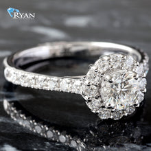 Load image into Gallery viewer, LAB RING GW 14K 1.00CTW ROUND BRILLIANT SOLITAIRE WITH HALO UPSWEPT PAVE SHOULDERS
