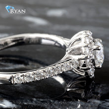 Load image into Gallery viewer, LAB RING GW 14K 1.00CTW ROUND BRILLIANT SOLITAIRE WITH HALO UPSWEPT PAVE SHOULDERS
