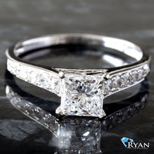 Load image into Gallery viewer, 1.25CTW Princess Solitaire with Round Graduating Channel Shoulders Ring
