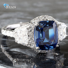 Load image into Gallery viewer, 3.50CTW LAB Blue Sapphire Elongated Cushion Center With Diamond Accent Sides &amp; Halo
