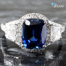 Load image into Gallery viewer, 3.50CTW LAB Blue Sapphire Elongated Cushion Center With Diamond Accent Sides &amp; Halo
