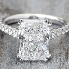 Load image into Gallery viewer, 4.51ctw Radiant Cut Lab Created Solitaire with Natural Diamond Shoulders &amp; Hidden Double Halo
