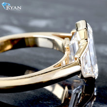 Load image into Gallery viewer, 3.13ctw Bezel Set Three Stone Emerald Center and Trapezoid Sides on High Polished Shoulders Ring
