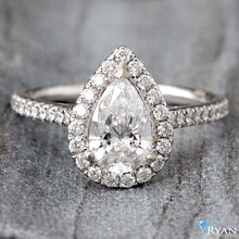 Load image into Gallery viewer, 2.10ctw Pear Cut Lab Solitaire with Natural Diamond halo and Pave Shoulders

