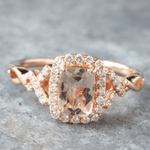 Load image into Gallery viewer, Elongated Cushion Morganite with Diamond Halo and X Pave Shoulders Ring

