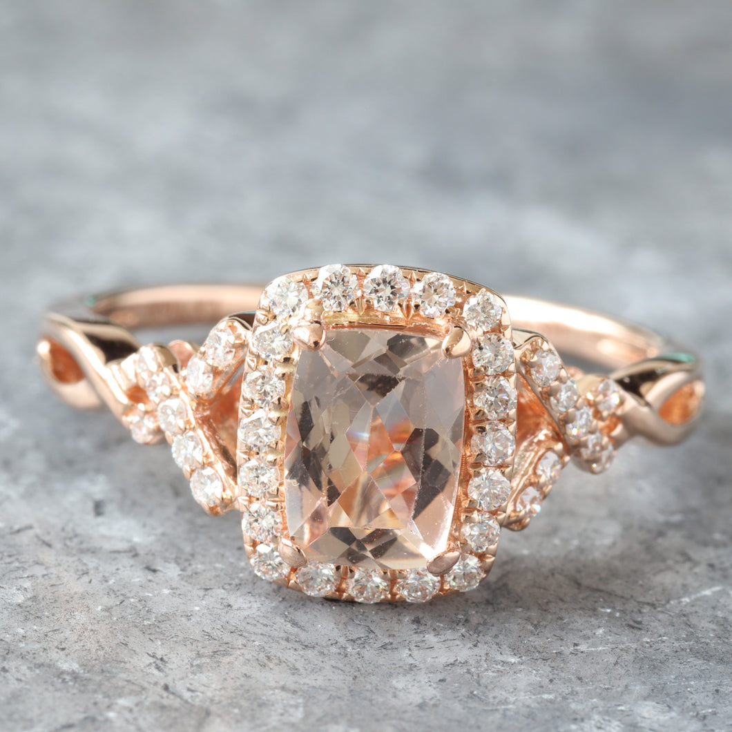 Elongated Cushion Morganite with Diamond Halo and X Pave Shoulders Ring