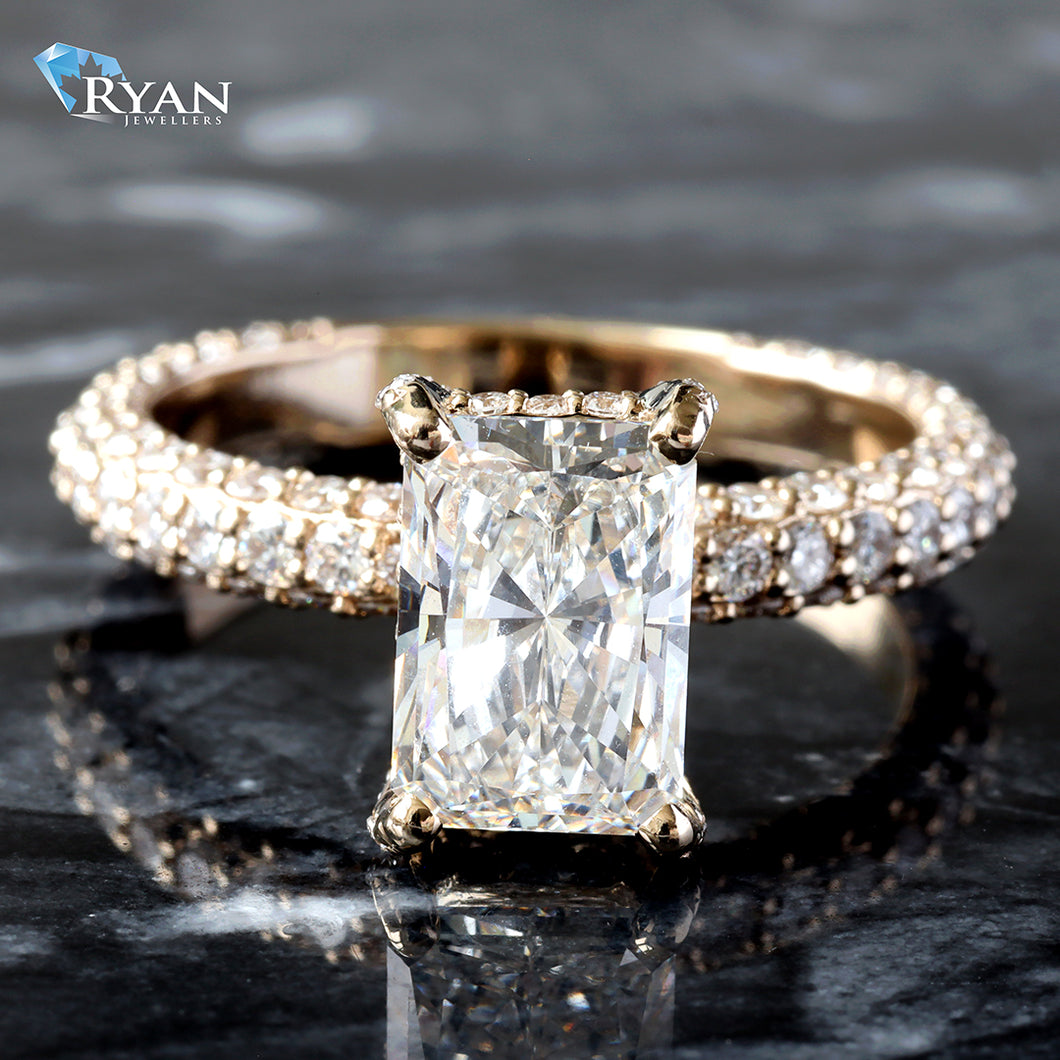 3.10ctw Radiant Solitaire with Hidden Halo and Underside Basket on Three Sided Shoulders Ring