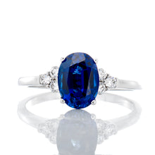 Load image into Gallery viewer, 0.15ctw Three Diamond Cluster with Solitaire Oval Cut Blue Sapphire Ring
