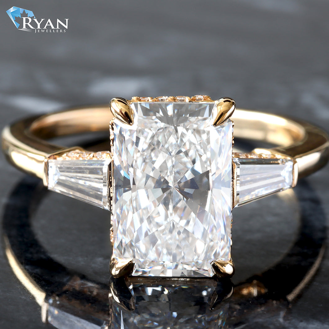 3.70ctw Radiant Solitaire with Tapered Baguette and Hidden Halo Ring