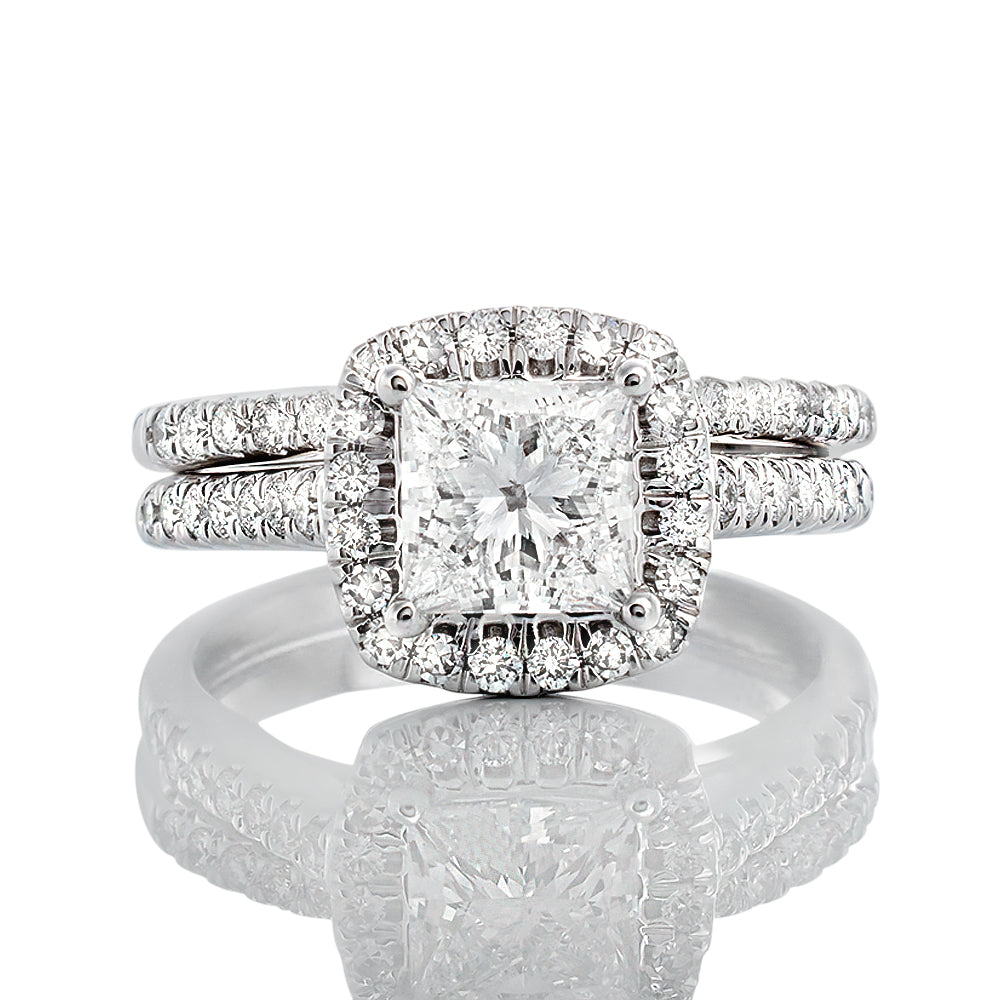 1.50ctw Bridal Set Princess Solitaire Lab Diamond with Cushion Halo