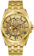Load image into Gallery viewer, WATCH BULOVA MENS ROUND GOLD TONE ST STEEL ROMAN MARKERS SKELETON DIAL
