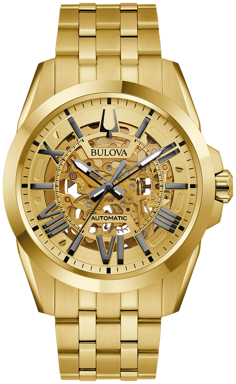 WATCH BULOVA MENS ROUND GOLD TONE ST STEEL ROMAN MARKERS SKELETON DIAL